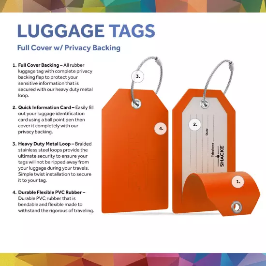 Shacke Luggage Tags with Full Back Privacy Cover w/Steel Loops - Set of 2