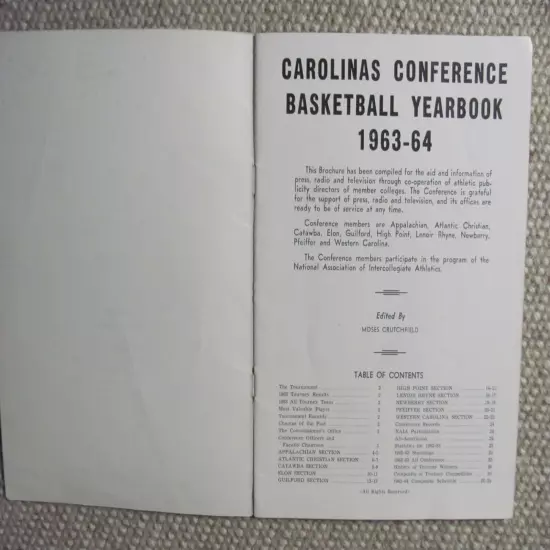 1964 Carolinas Conference Basketball Media Guide JC9