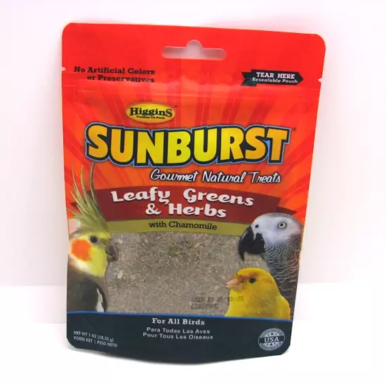 Four 1 oz. Higgins SUNBURST Leafy Greens & Herbs Treats for All Pet Birds