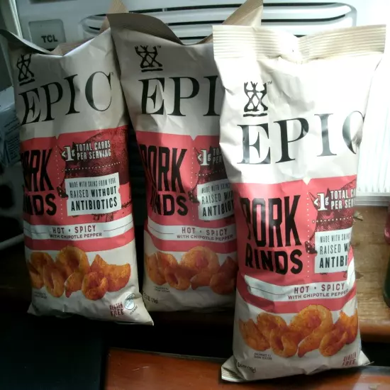 EPIC Artisanal Oven Baked Pork Rinds HOT & SPICY Chipotle 2.5 OZ (3 Bags) 2/2025