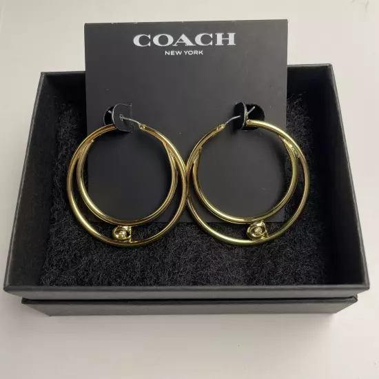 Earrings Coach Double Hoop Gold With Crystal In The Signature C New With Tags