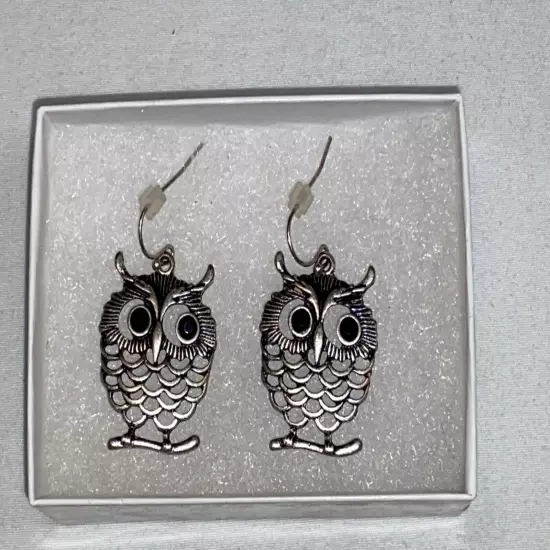 Owl on Branch Earrings Silver tone Fashion Jewelry Box Women Black Eyes Large 