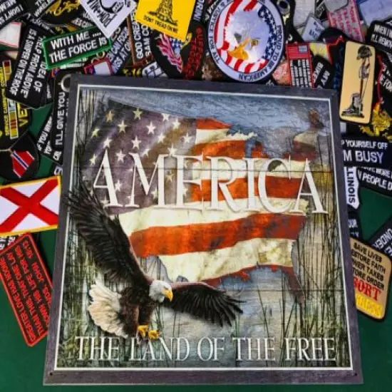 AMERICA LAND OF THE FREE METAL TIN SIGN W/ FREE PATCH dtom gun vintage garage