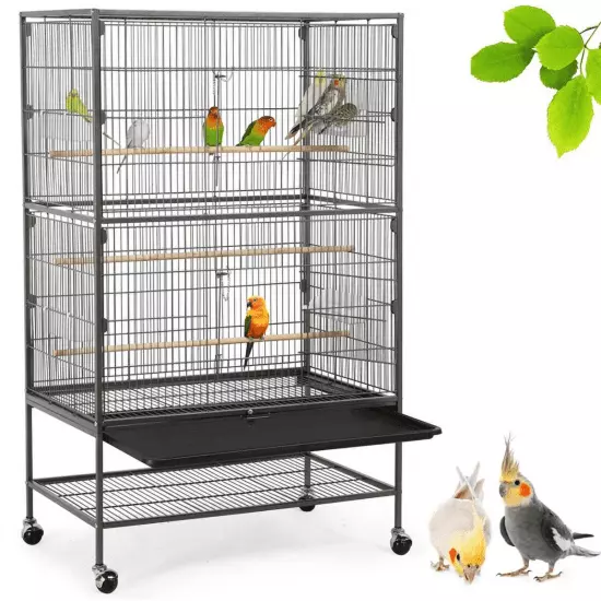 Metal 52" Large Rolling Bird Cage with 3 Perches and 4 Feeders, Black