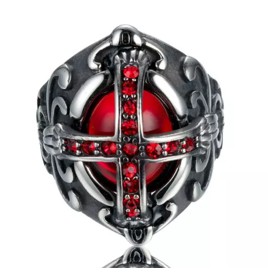 Gothic Cross Vampire Red CZ Blood Ring Stainless Steel Men Crusaders Biker Ring