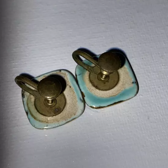 Simulated Vtg,: (1940's) Turquoise Earrings With Gold Foil Floral Pattern Unique