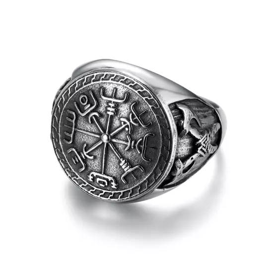 Vintage Viking Compass Cross Axe Ring Stainless Steel Men's Biker Jewelry Ring