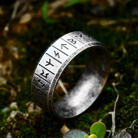 Retro Silver Viking Mystic Runes Ring Stainless Steel Men Women Wedding Band