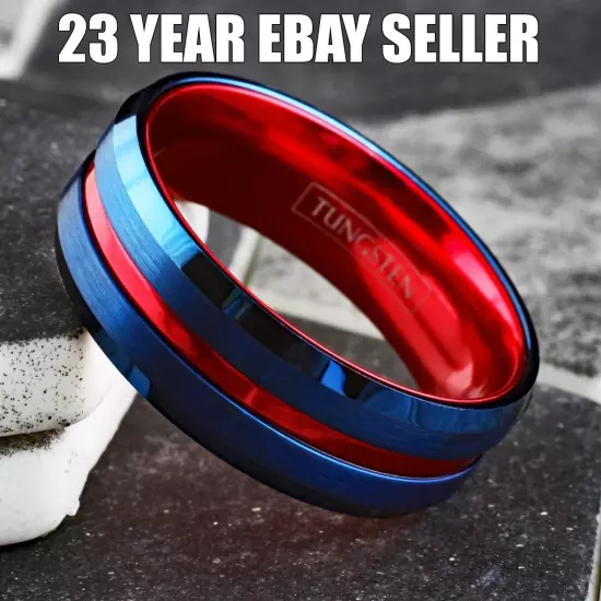 Blue Tungsten Carbide Men's Thin Red Line Wedding Band Ring - Superhero Colors