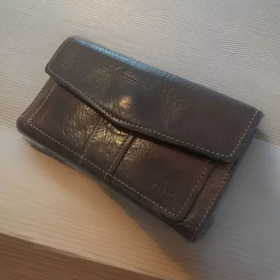 Vintage Fossil Wallet Checkbook Brown Aged Patina Leather Bi-fold Credit Card