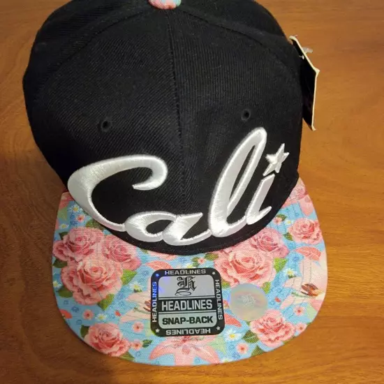 Cali Floral Pattern Snapback Cap Headline Brand Black Hat