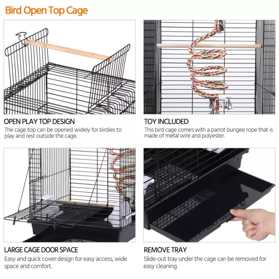 22.8"H Metal Open Top Cage Bird Cage with Play Top Stand, Black