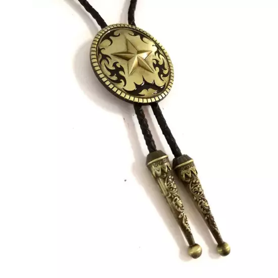 Vintage Bolo Tie Western Cowboy Texas Ranger Star Mens Wedding Necklace Alloy