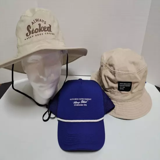 Lot Of 3 Dutch Bros Coffee Hats 2 Bucket Hats L/XL 1 Snapback Mesh Trucker Cap