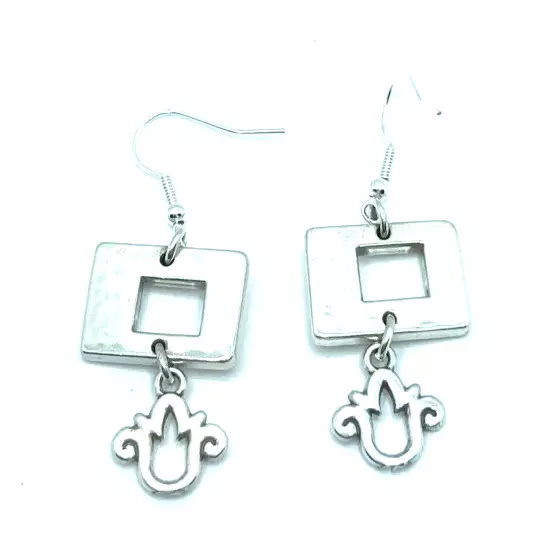 Brighton PIAZZA Hammered Squares/Rectangles Tulip Flowers Silver Custom Earrings