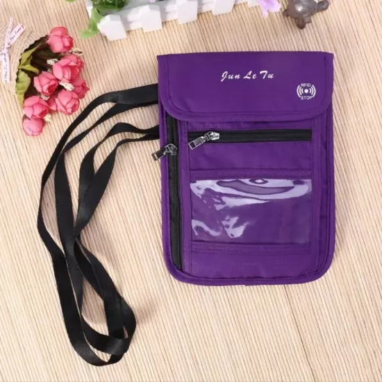 Travel Neck Pouch Waterproof Passport Holder with RFID Blocking Purple