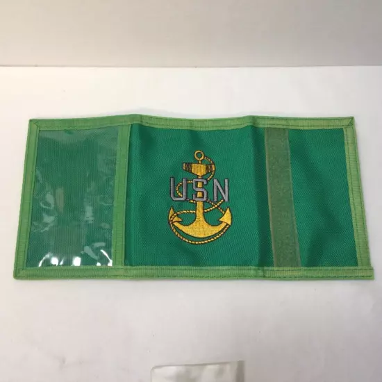 VTG Wallet Hook Loop Trifold Wallet 1970's - 80's Green with US Navy Logo USN