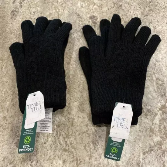 Time And Tru Women's Black Solid Cable Touch Glove NWT 2 Pr