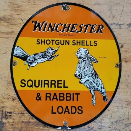 OLD VINTAGE DATED 1963 WINCHESTER SMALL GAME AMMO PORCELAIN GUN SIGN REMINGTON