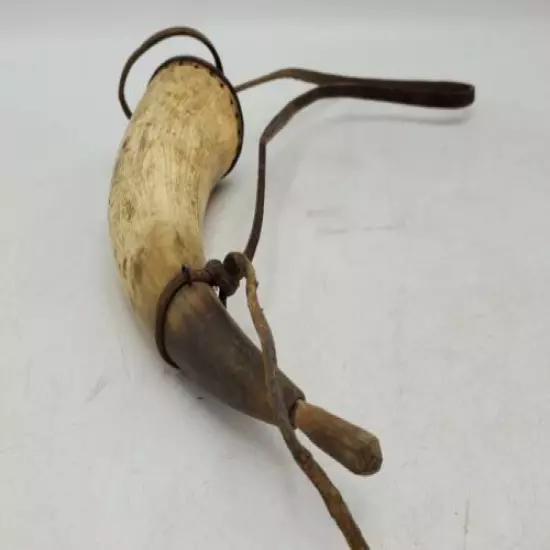 Antique Gun Powder Shot Horn with Wood End & Plug / Leather Strap - Approx. 7"