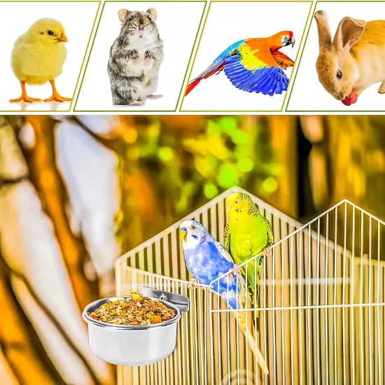 2 Pack Stainless Steel Bird Feeding Dish Cups, Bird Feeder Parrot Food Water Bow