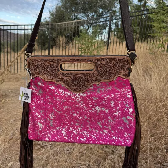 Tooled Leather Cowhide Crossbody Bag With Pink Silver Specs