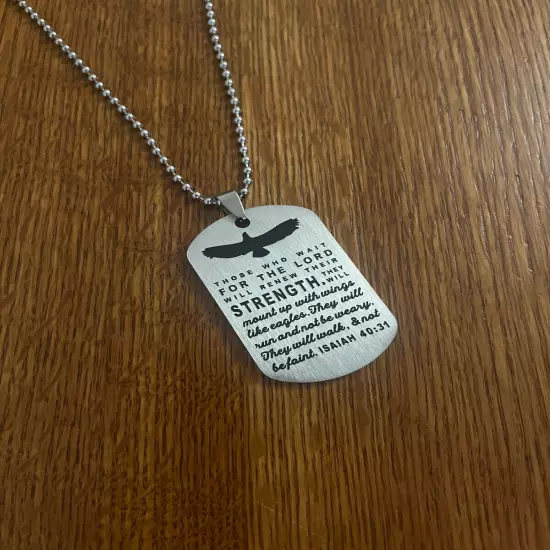 Stainless Steel Faith Isaiah 40:31 Scripture Military Dog Tag Necklace Engraved