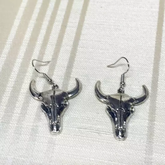 New Cowboy Boho Steer Longhorn Bull Silver-tone Pierced Earrings 2” Long Drop 