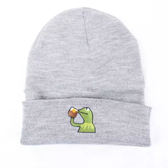 Unbranded Kermit Sipping Tea Embroidered Beanies in Grey & in Red (OS) Lot of 50