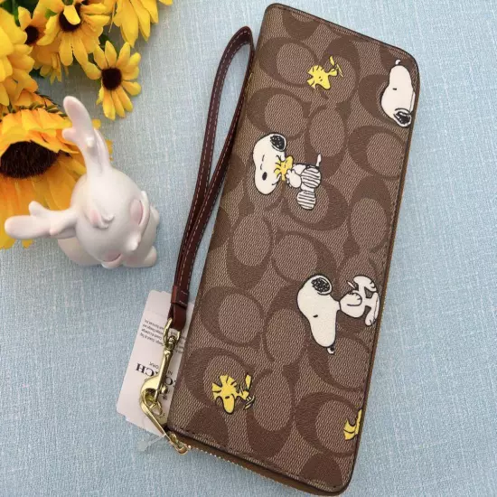 COACH x PEANUTS Long Zip around Wallet Snoopy Woodstock Khaki Signature F/S