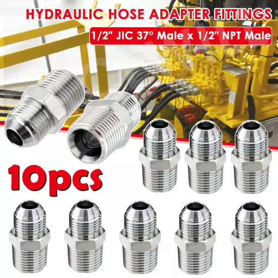 10 PACK Steel Hydraulic Hose Adapter Fittings: 1/2" JIC 37° Male x 1/2" NPT Male