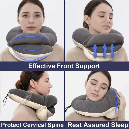 Adult Travel Neck Pillow w/ Eye Mask & Earplugs Chin & Head Support Gray