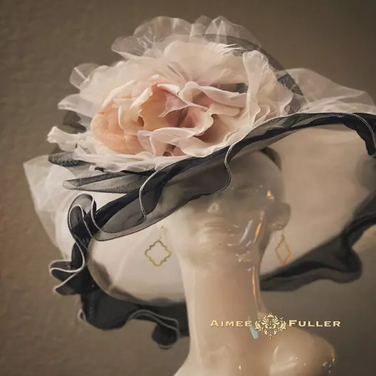 Kentucky Derby Hat Black White Organza Pale Pink Rose Flower Royal Ascot Del Mar