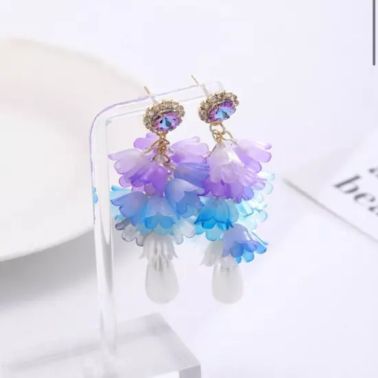 Purple & Blue Lily Flower Drop Earrings Fairycore Acrylic Rhinestone Boho NEW