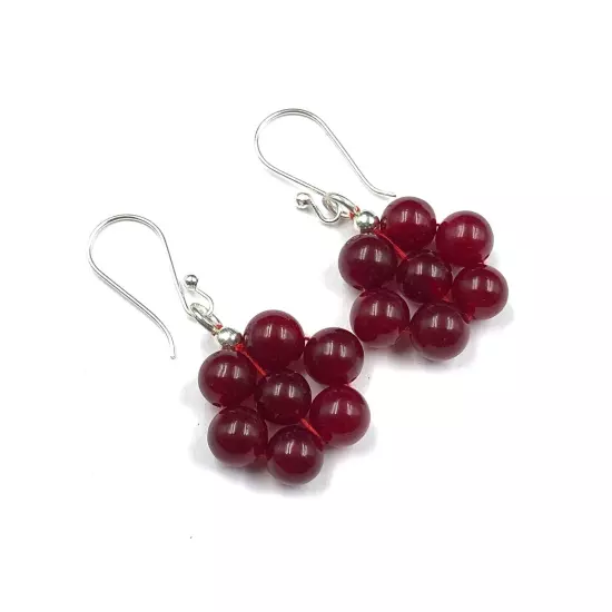 Gift For Her Silver Dark Red Jade Jewelry Beaded Drop/Dangle Earrings 1.8"