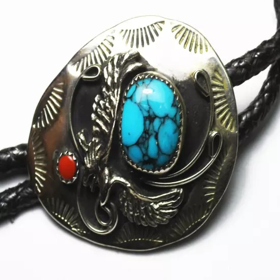 Nickel Silver Teardrop Turquoise Coral 49mm x 38mm Bolo 18.5"