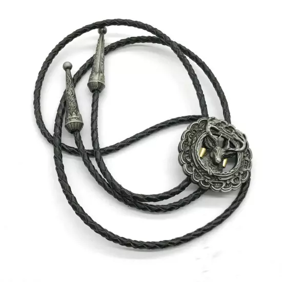 Vintage Bolo Tie Western Cowboy Indian Deer Head Mens Necklace PU Rope Alloy