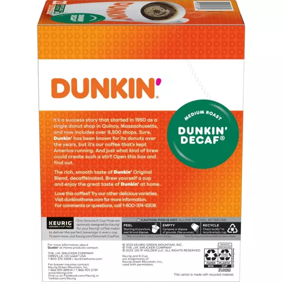 Dunkin’ Decaf Coffee, Medium Roast, Keurig K-Cup Pods, 22 Count BoxDunkin’ Decaf