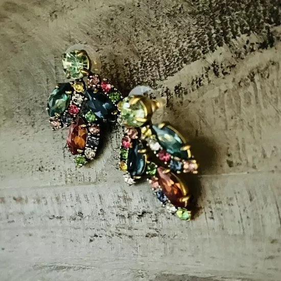 J Crew Crystal Leaf Multicolor Crystal Cluster Stud Statement Earrings