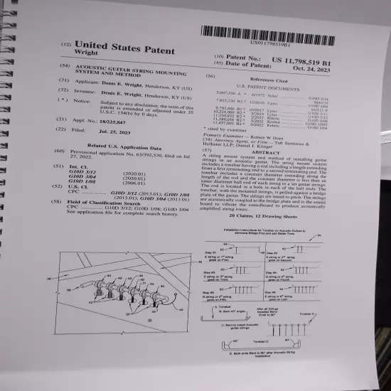 TONEBAR PATENT #11798519 ACOUSTIC GUITAR STRING MOUNTING SYSTEM & METHOD NO PINS