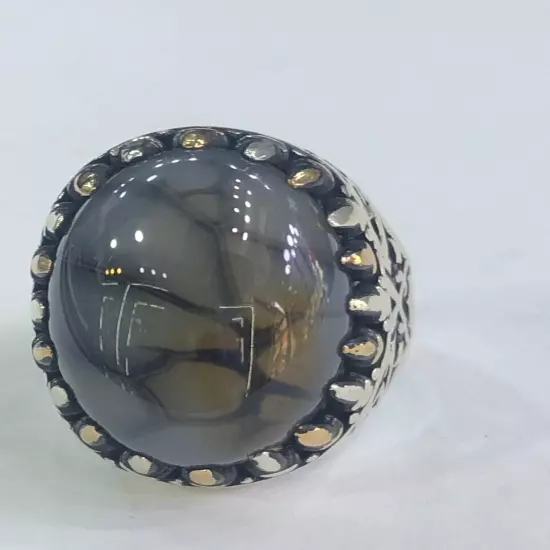 Men Silver Ring 925 Sterling Yemen Aqeeq Agate خاتم عقيق يمني شجري مصور حبة فحل