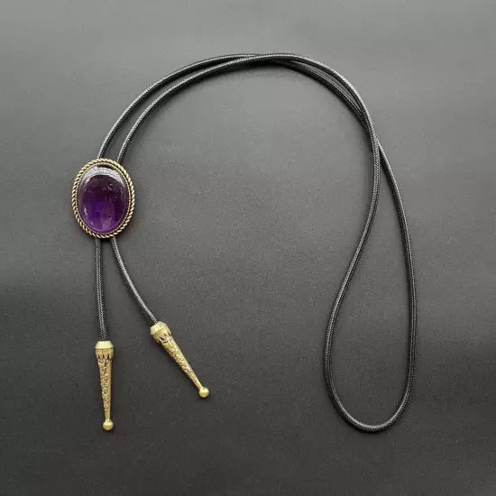 Natural Amethyst Stone Mens Bolo Tie Cowboy Vintage Alloy Waxed Rope Wedding