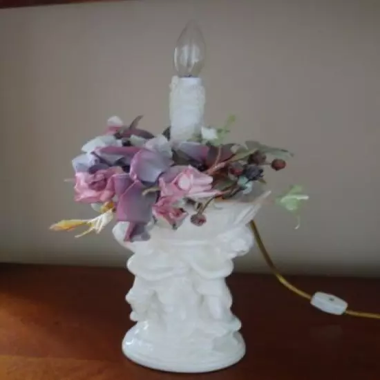 Handmade Ceramic Novelty Accent Night Light Lamp with Angel Cherubs and Flowers