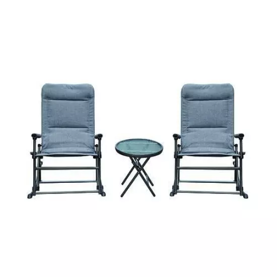 3 Piece Set Gray Table Rocking Chair Folding Seating Patio Set Steel Frame 