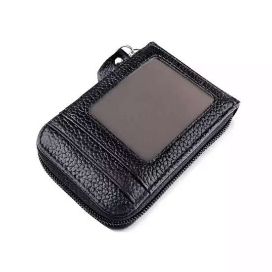 Men Leather Credit Card Holder RFID-Blocking Zipper Pocket Wallet with ID Window