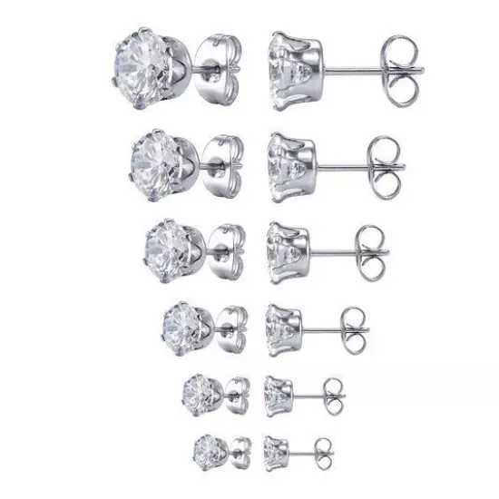 Surgical 316L Stainless Steel Stud Earrings Cubic Zircon Men Women 2PC