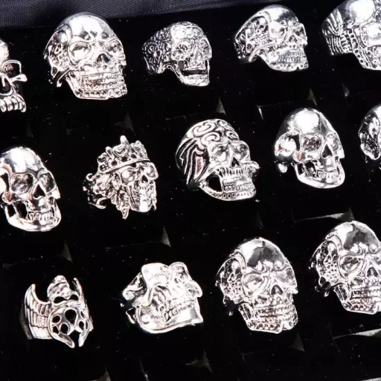 Wholesale 20pcs Skull Silver Biker Punk Party Gifts Fashion Jewelry Men's Rings