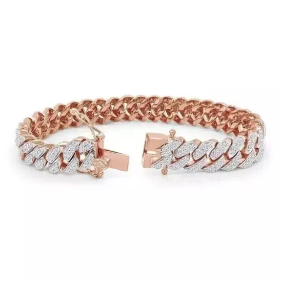 18Ct Round Cut Lab Created Diamond Cuban Bracelet Mens 14k Rose Gold Plated 8.5"