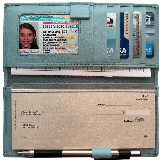 RFID Leather Checkbook Cover With Credit Card Slots and Pen Holder