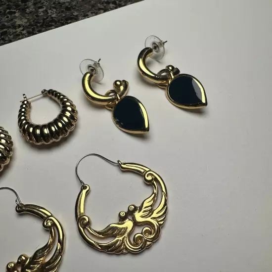 Retro Mix Hoop / Dangle Pierced Earrings Lot Of 3 Gold Tone 1 Black Enamel